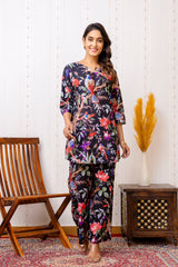 Elegant Black Cotton Botanical Co-ord Set