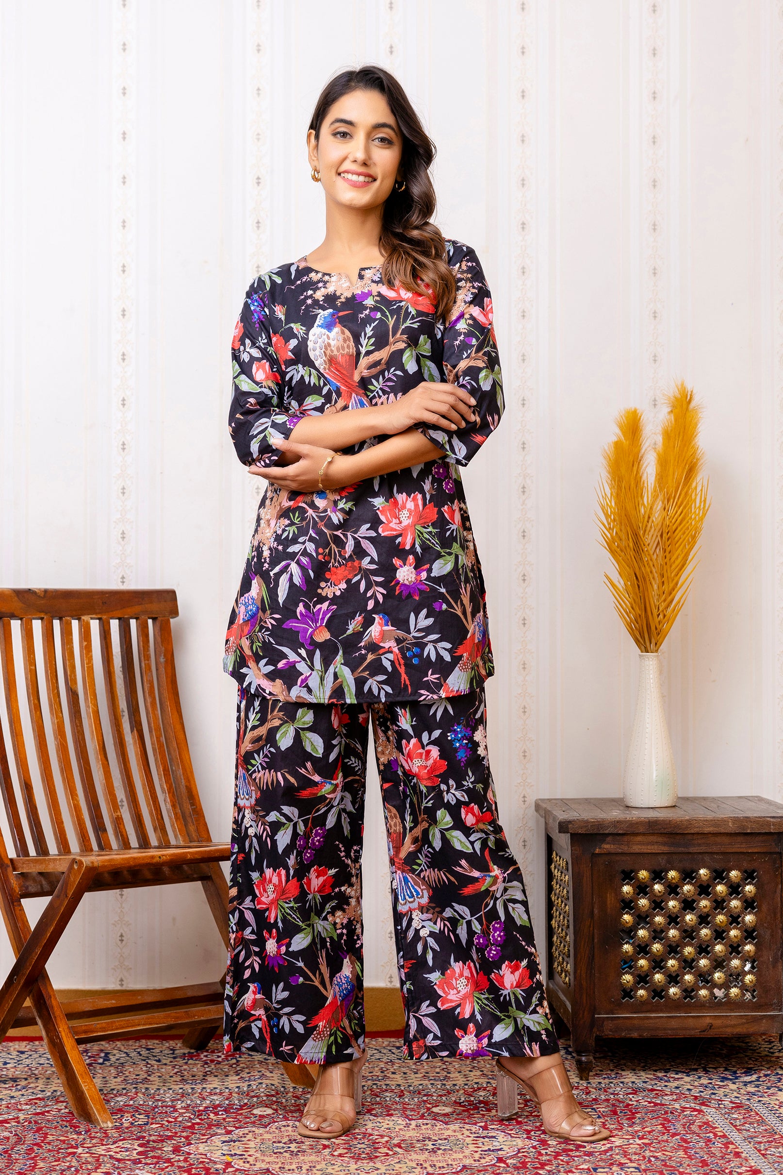 Elegant Black Cotton Botanical Co-ord Set