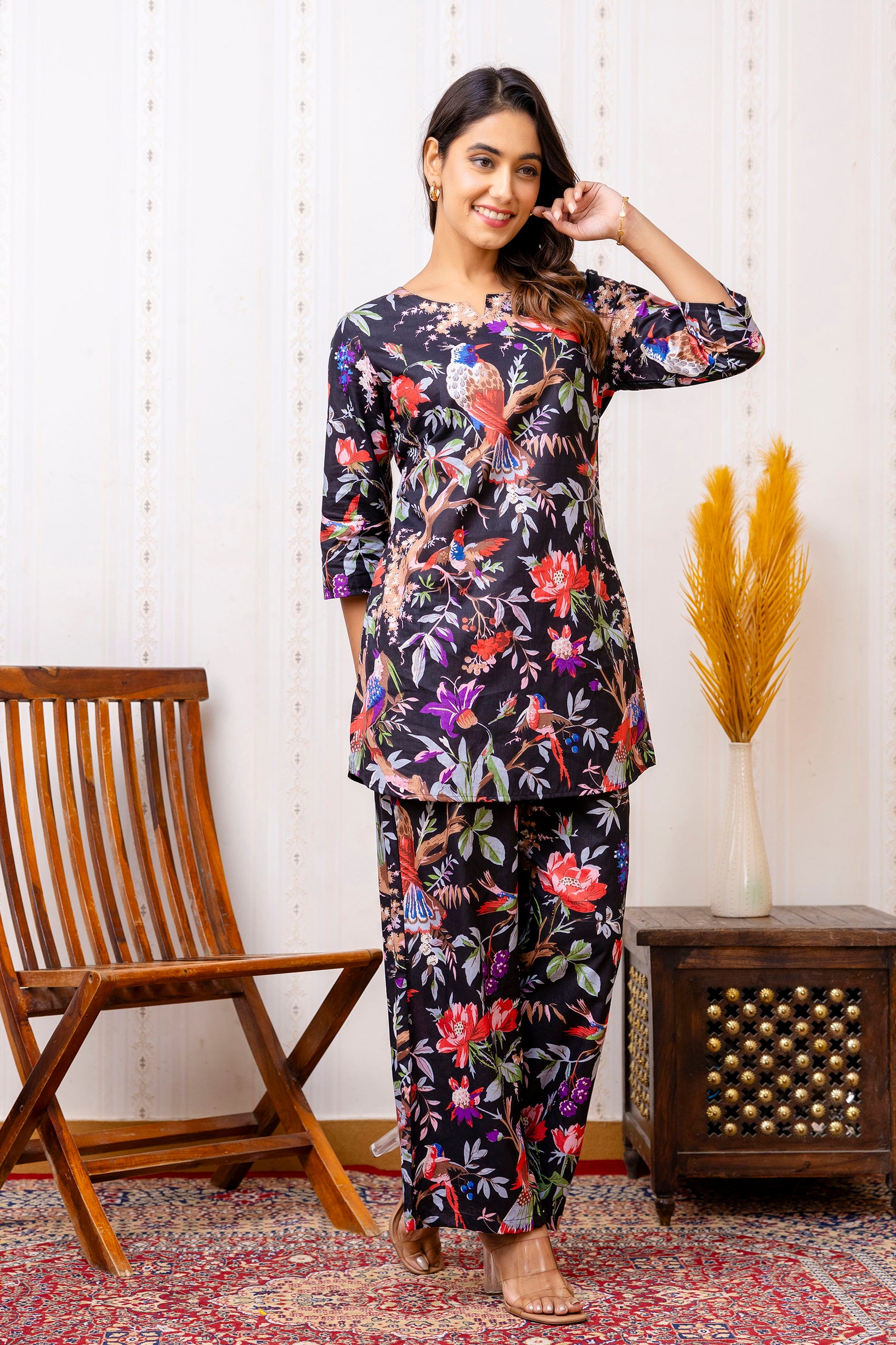 Elegant Black Cotton Botanical Co-ord Set