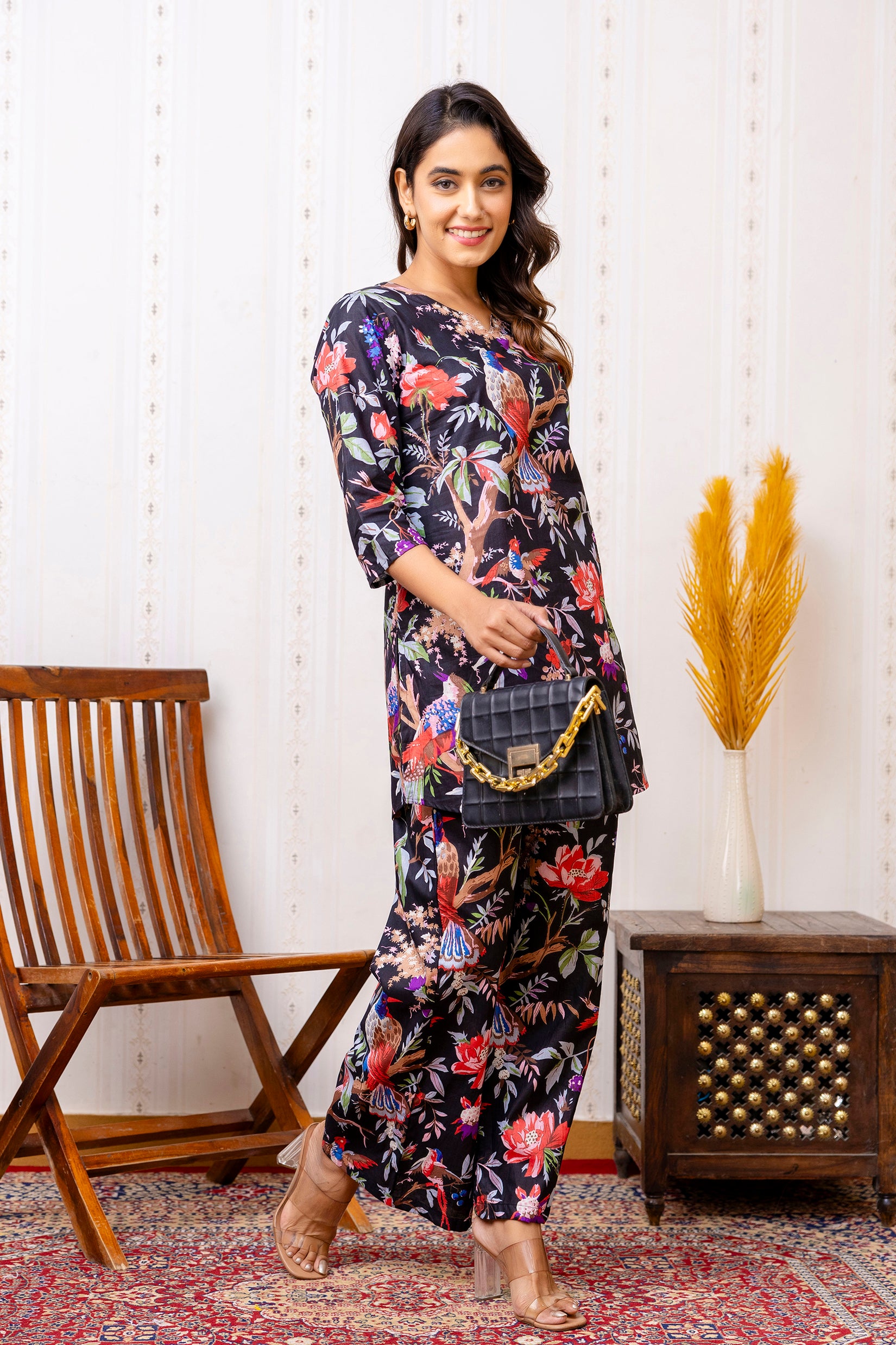 Elegant Black Cotton Botanical Co-ord Set