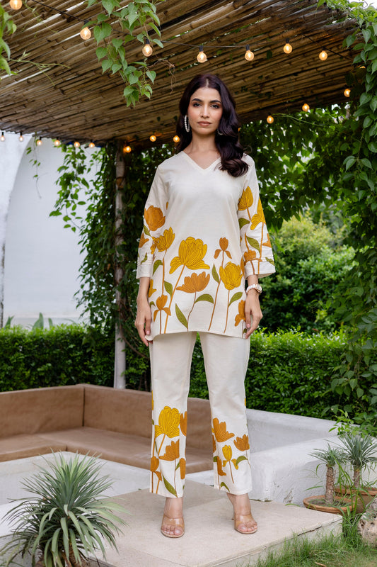 Sunlit Petals Off-White Cotton Flex Co-ord Set - Me&My