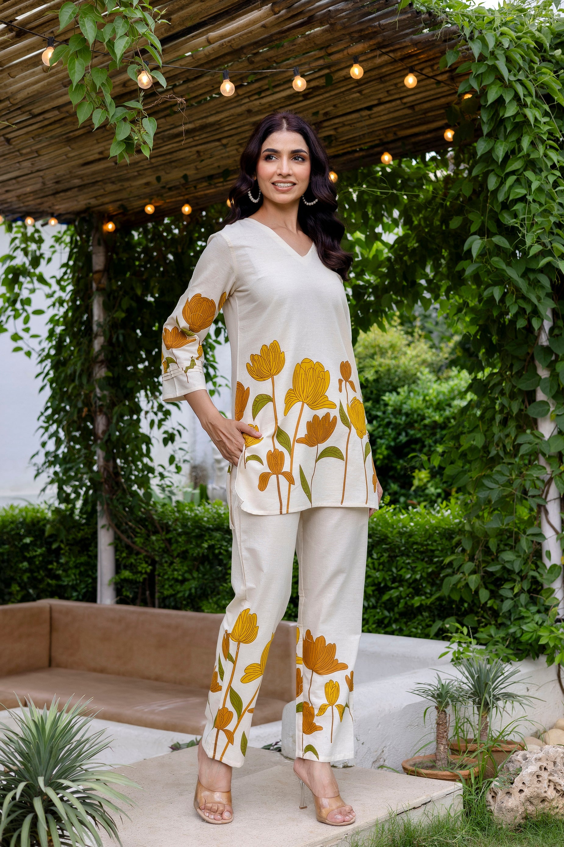 Sunlit Petals Off-White Cotton Flex  Co-ord Set Me & My 
