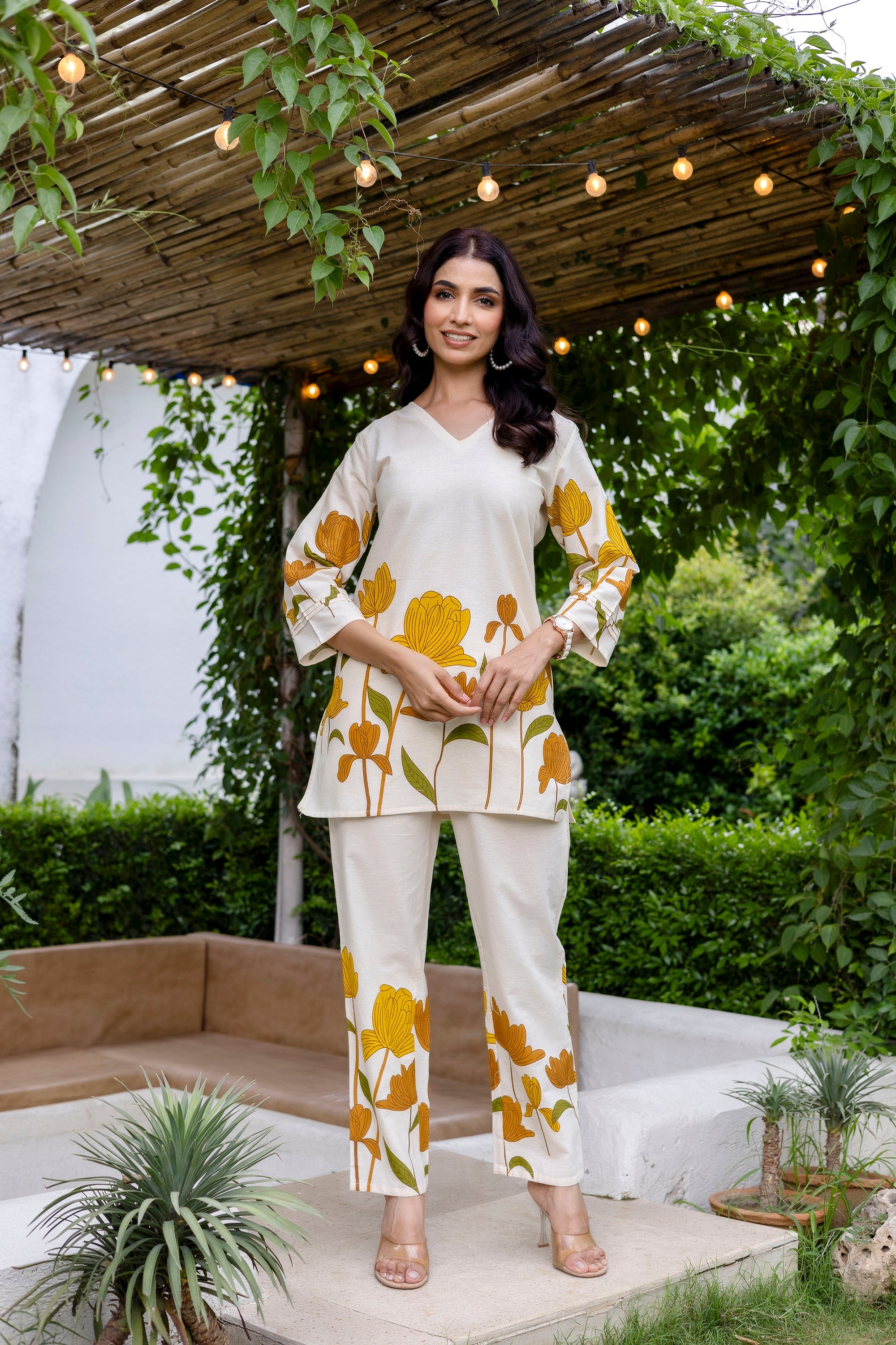 Sunlit Petals Off-White Cotton Flex  Co-ord Set Me & My 