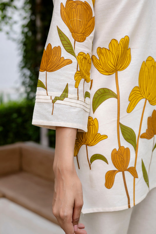 Sunlit Petals Off-White Cotton Flex Co-ord Set - Me&My