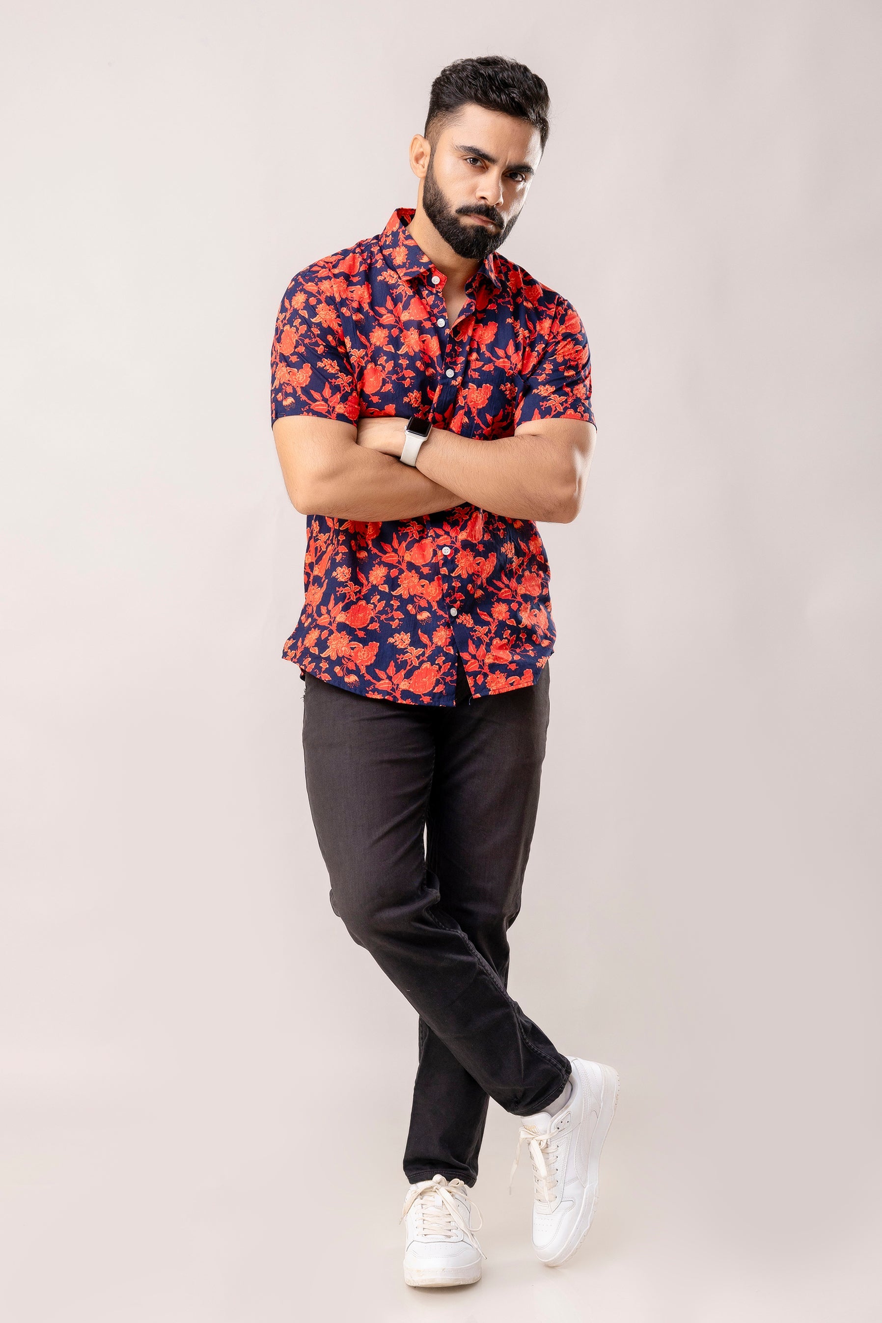 Vibrant Red Floral Cotton Half Sleeve Shirt - Me & My