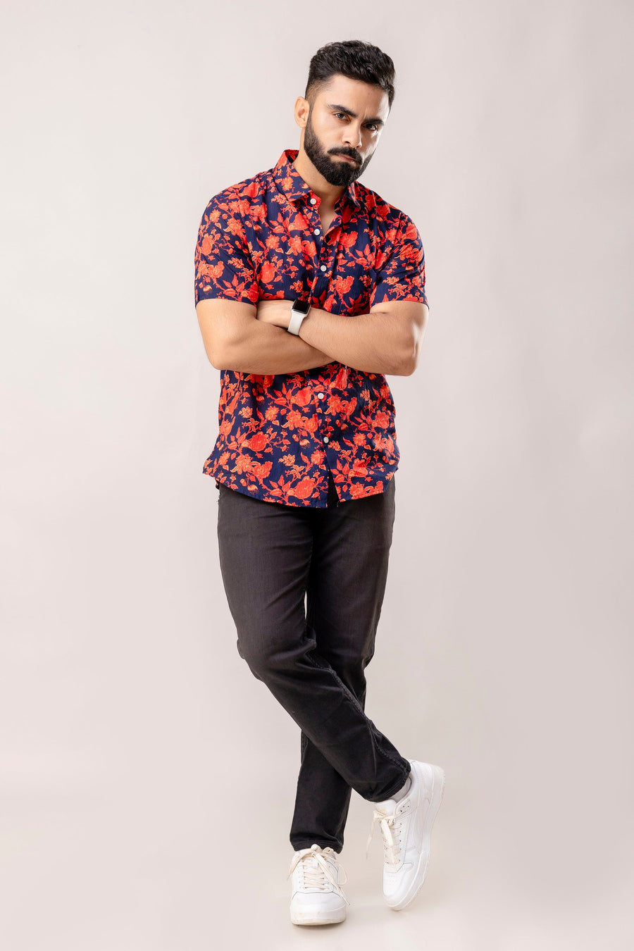 Vibrant Red Floral Cotton Half Sleeve Shirt — image 5