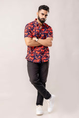 Vibrant Red Floral Cotton Half Sleeve Shirt - Me&My