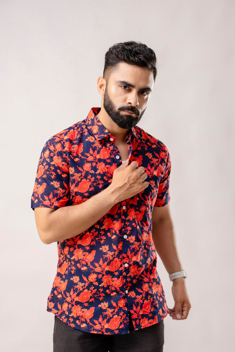 Vibrant Red Floral Cotton Half Sleeve Shirt — image 3