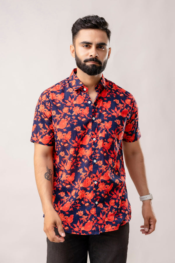 Vibrant Red Floral Cotton Half Sleeve Shirt
