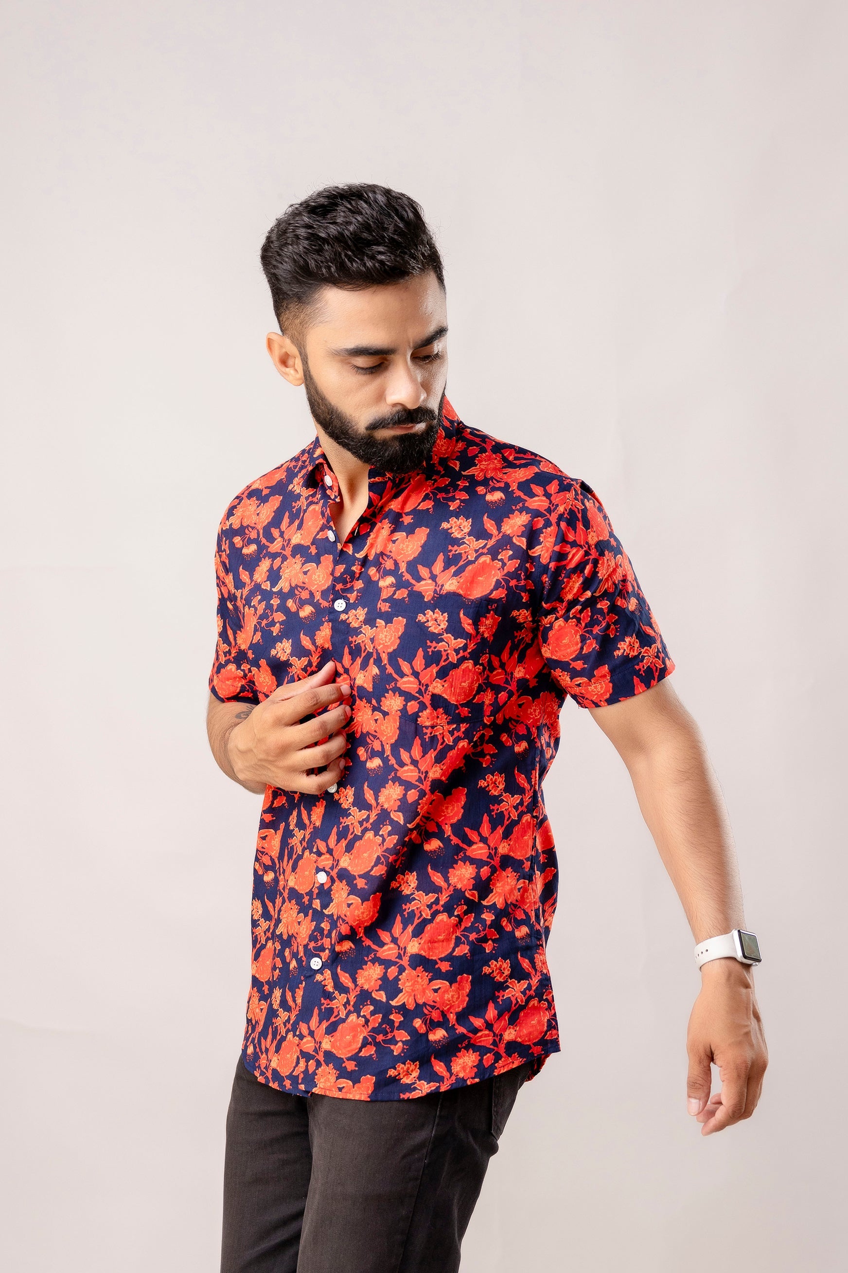 Vibrant Red Floral Cotton Half Sleeve Shirt - Me & My