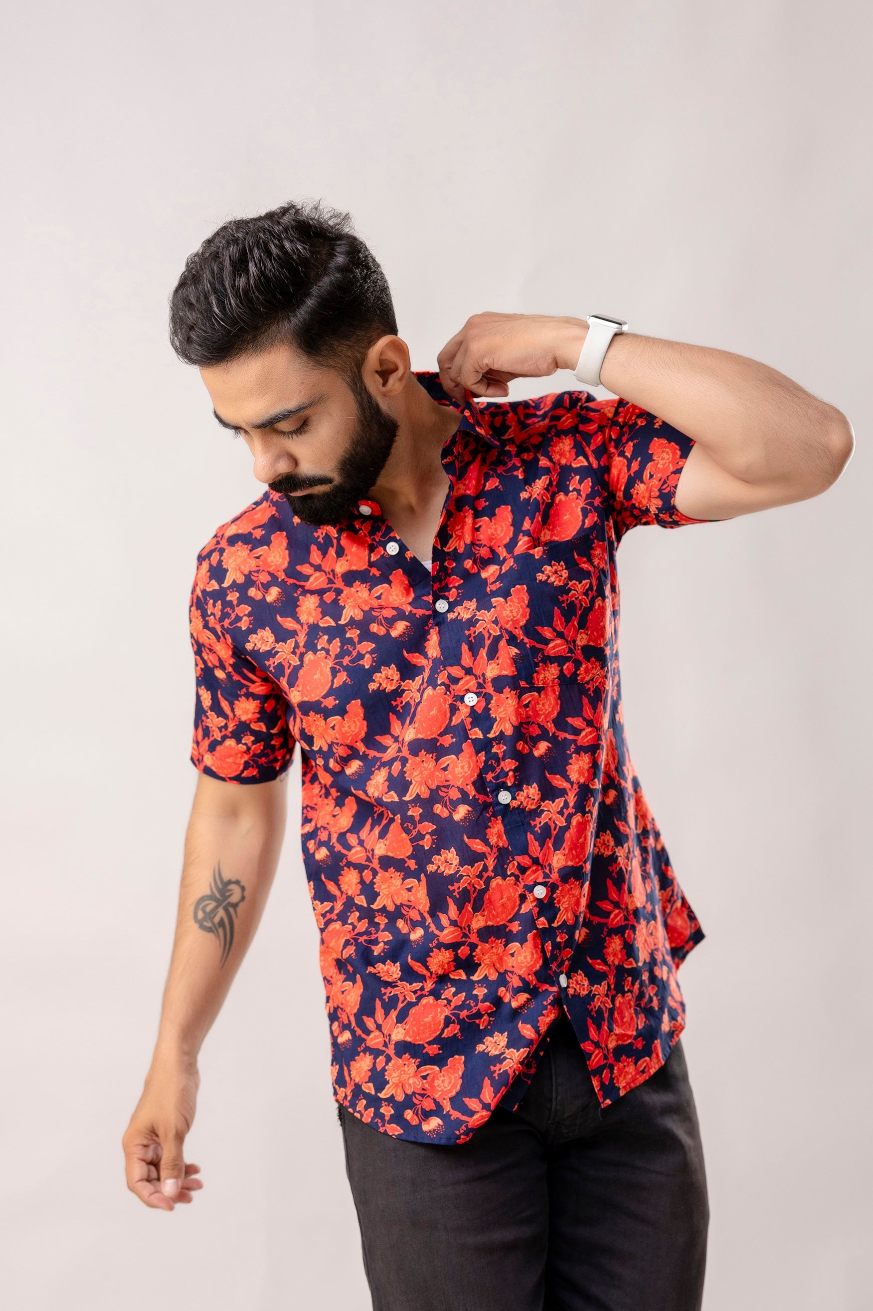 Vibrant Red Floral Cotton Half Sleeve Shirt - Me & My