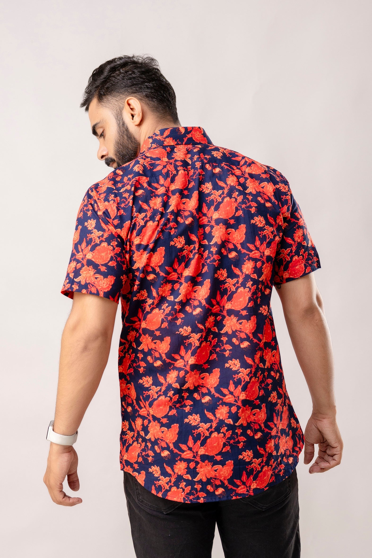 Vibrant Red Floral Cotton Half Sleeve Shirt - Me & My