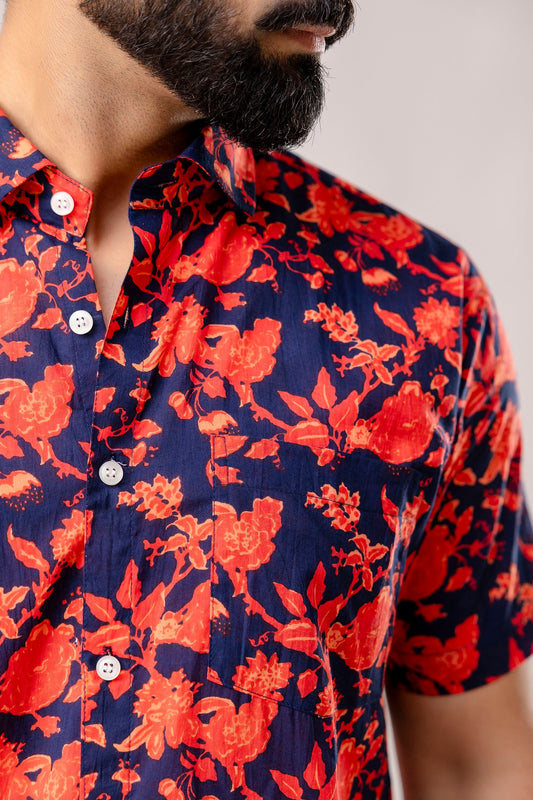 Vibrant Red Floral Cotton Half Sleeve Shirt - Me&My