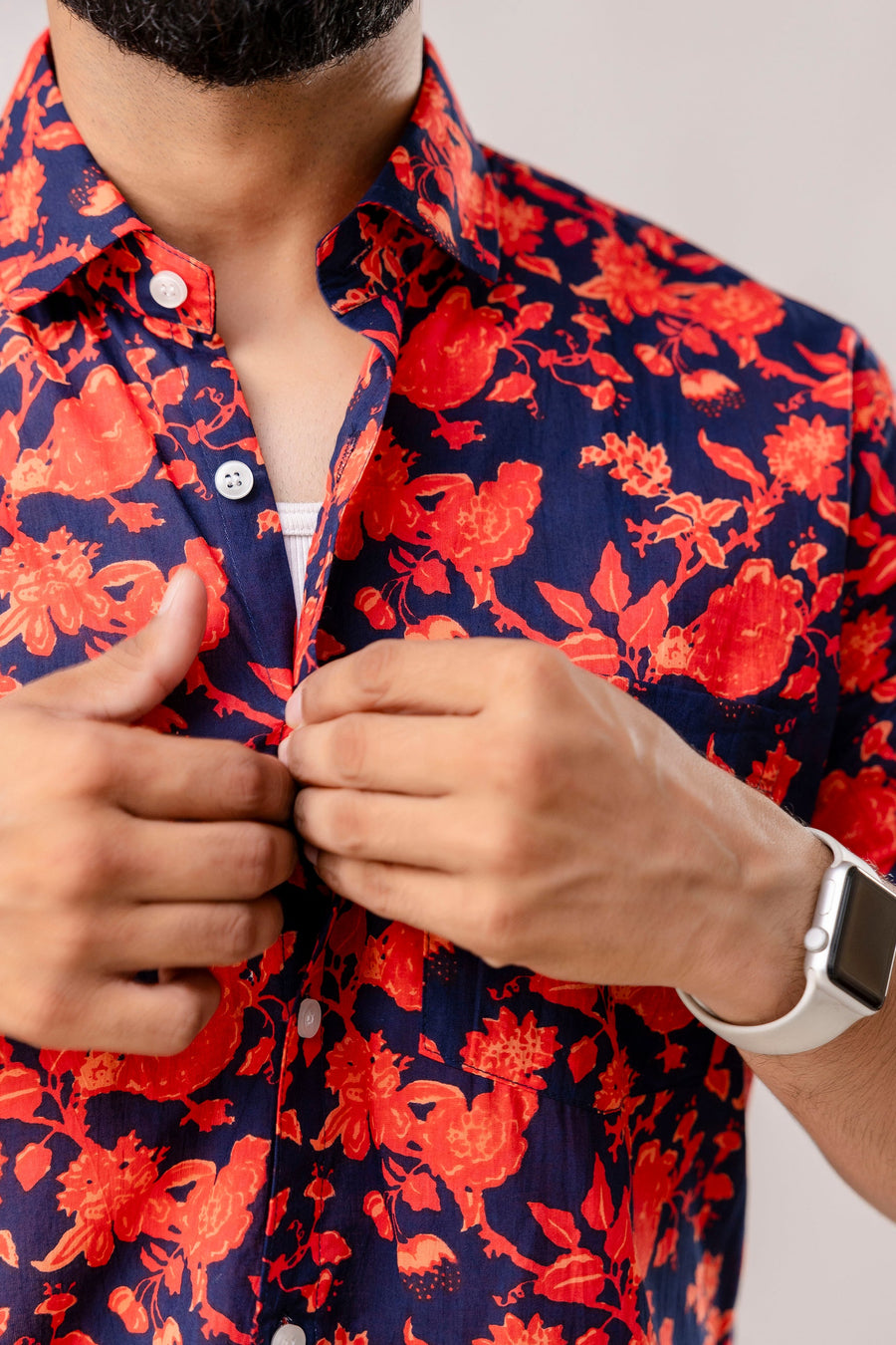 Vibrant Red Floral Cotton Half Sleeve Shirt — image 4