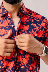 Vibrant Red Floral Cotton Half Sleeve Shirt - Me & My