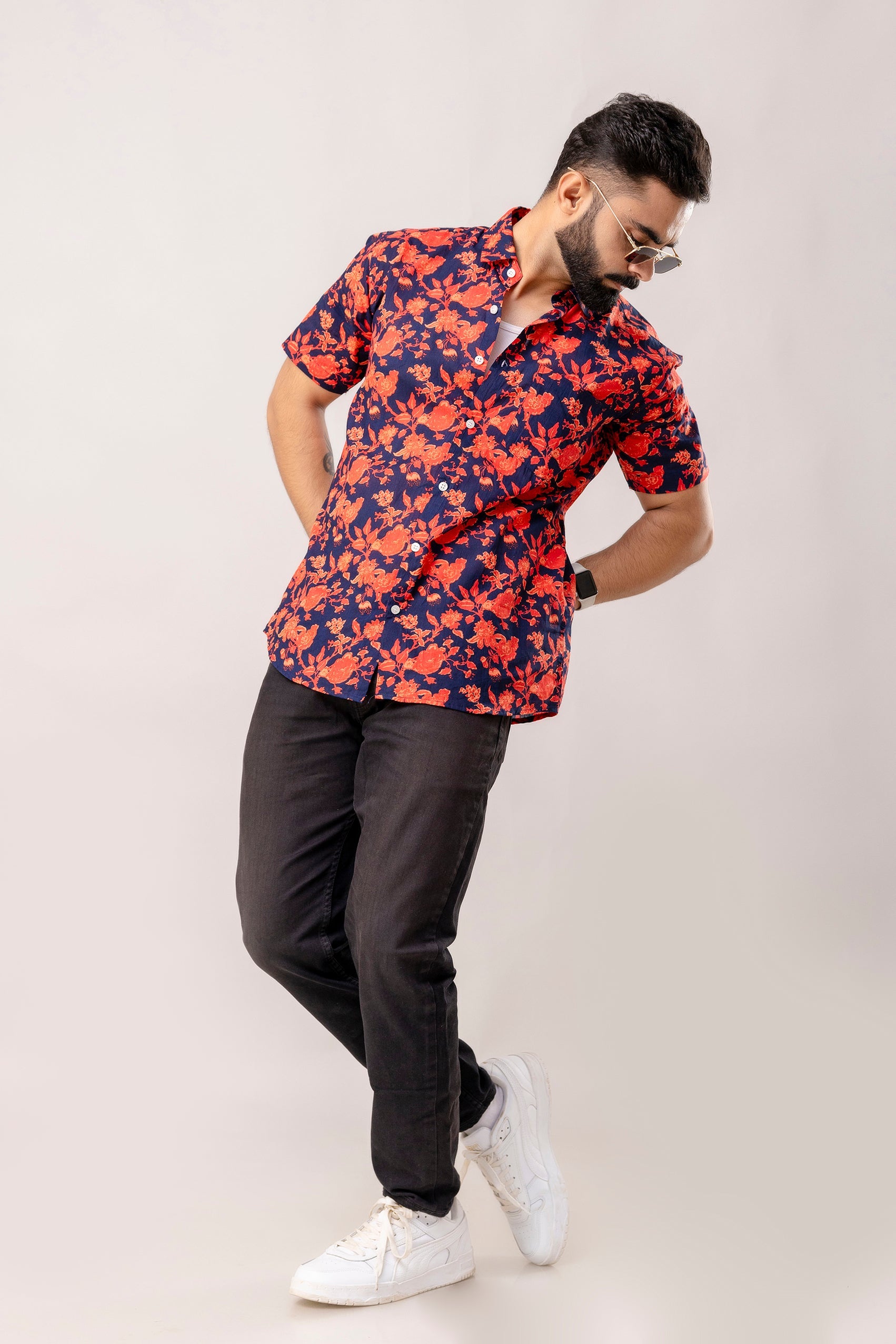 Vibrant Red Floral Cotton Half Sleeve Shirt - Me & My