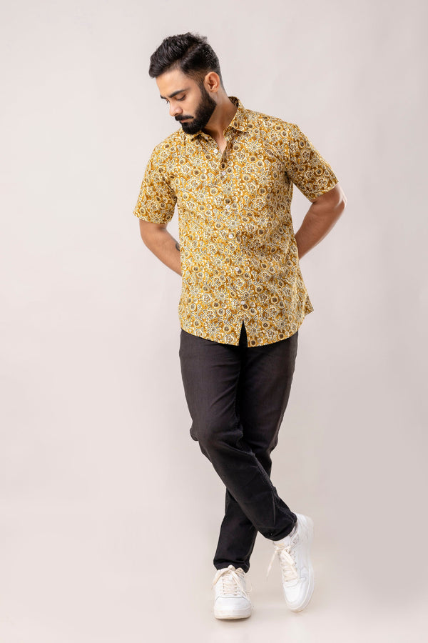 Earthen Bloom: Brown Floral Cotton Half-Sleeves Shirt