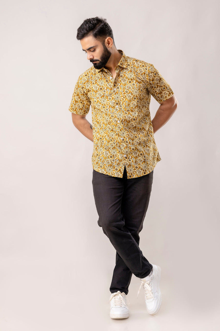 Earthen Bloom: Brown Floral Cotton Half-Sleeves Shirt — image 2
