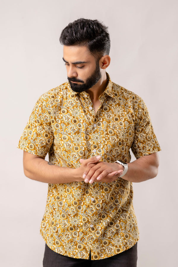 Earthen Bloom: Brown Floral Cotton Half-Sleeves Shirt