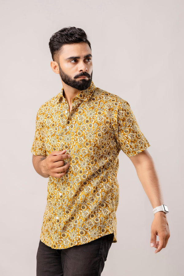 Earthen Bloom: Brown Floral Cotton Half-Sleeves Shirt