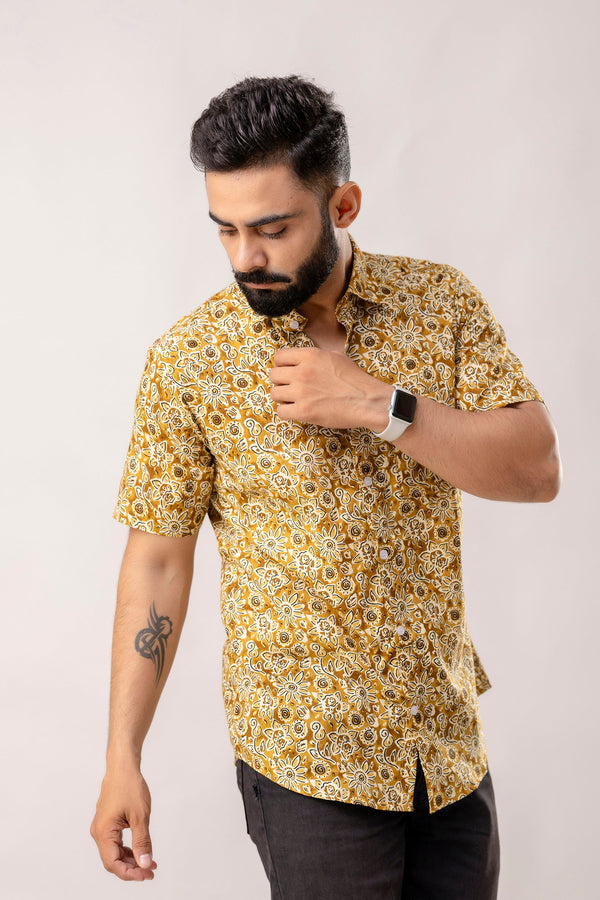 Earthen Bloom: Brown Floral Cotton Half-Sleeves Shirt