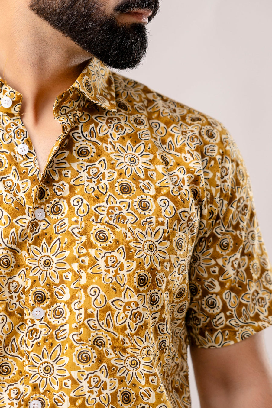 Earthen Bloom: Brown Floral Cotton Half-Sleeves Shirt — image 6