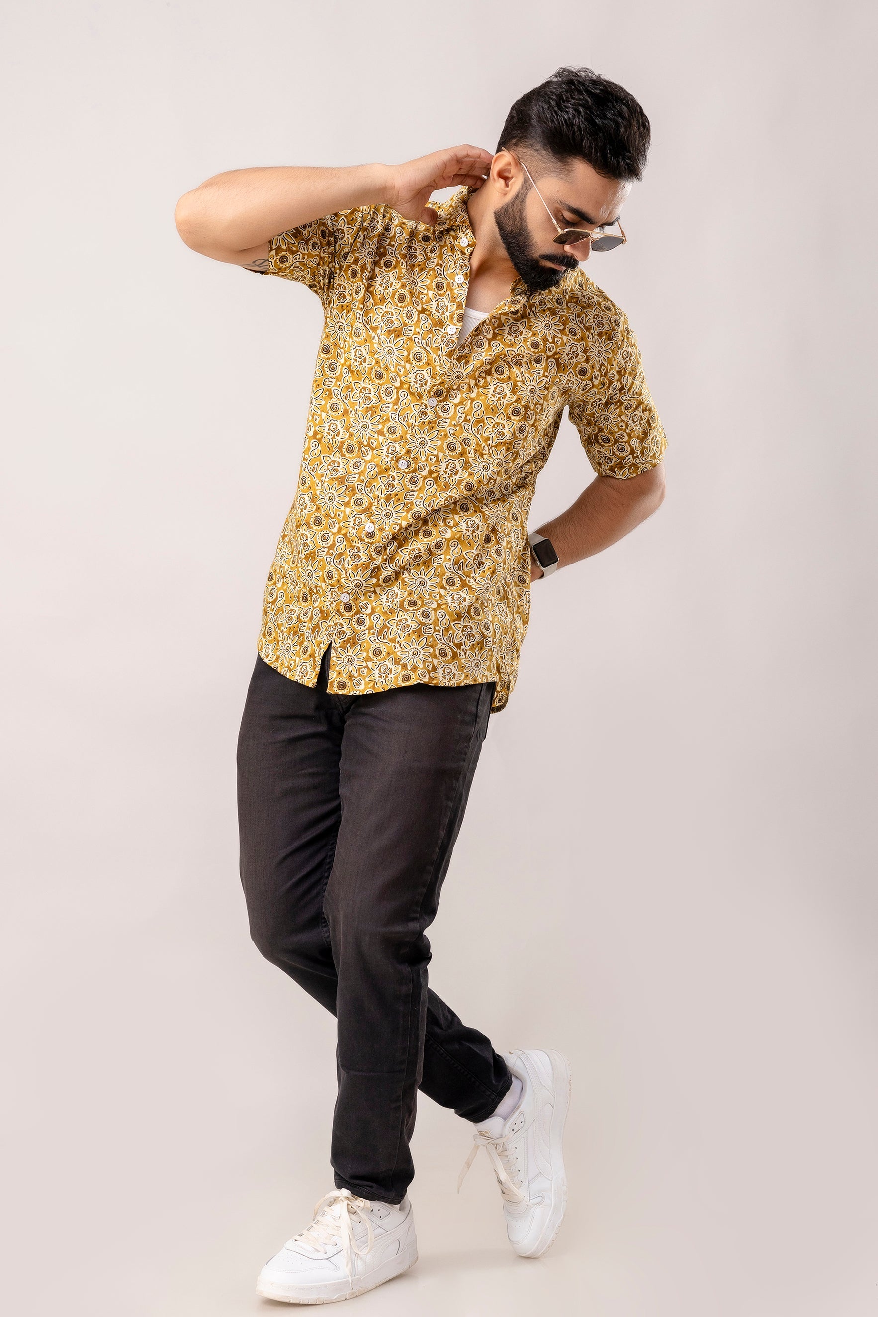 Earthen Bloom: Brown Floral Cotton Half-Sleeves Shirt - Me & My