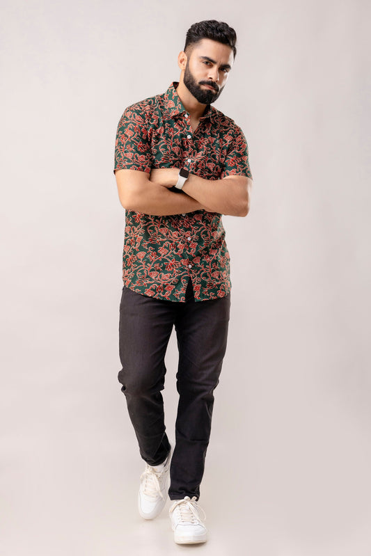 Verdant Bloom: Green Floral Cotton Half Sleeve Shirt - Me&My