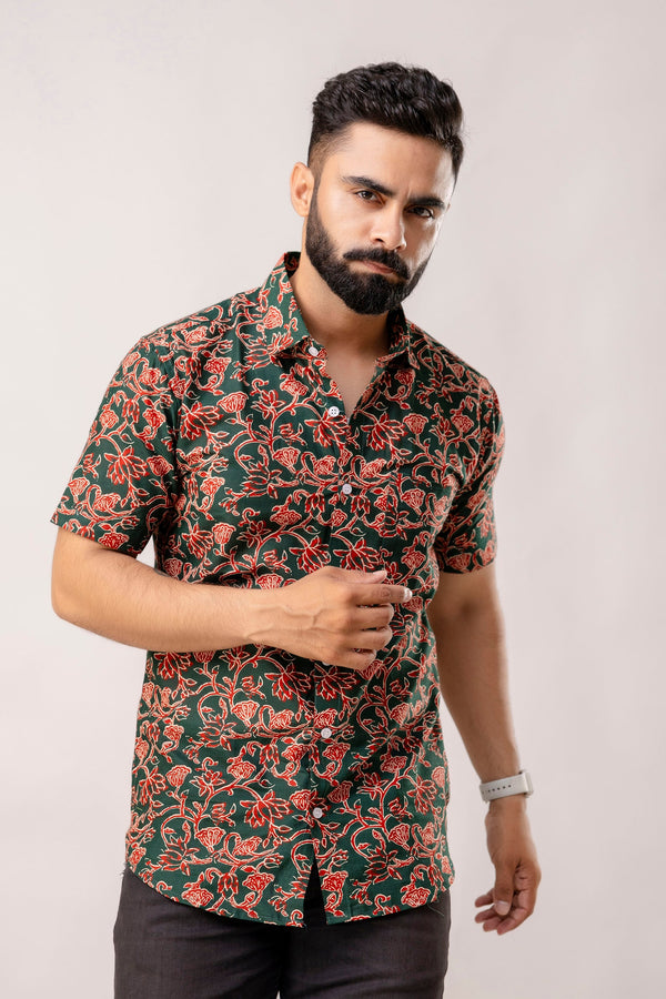 Verdant Bloom: Green Floral Cotton Half Sleeve Shirt