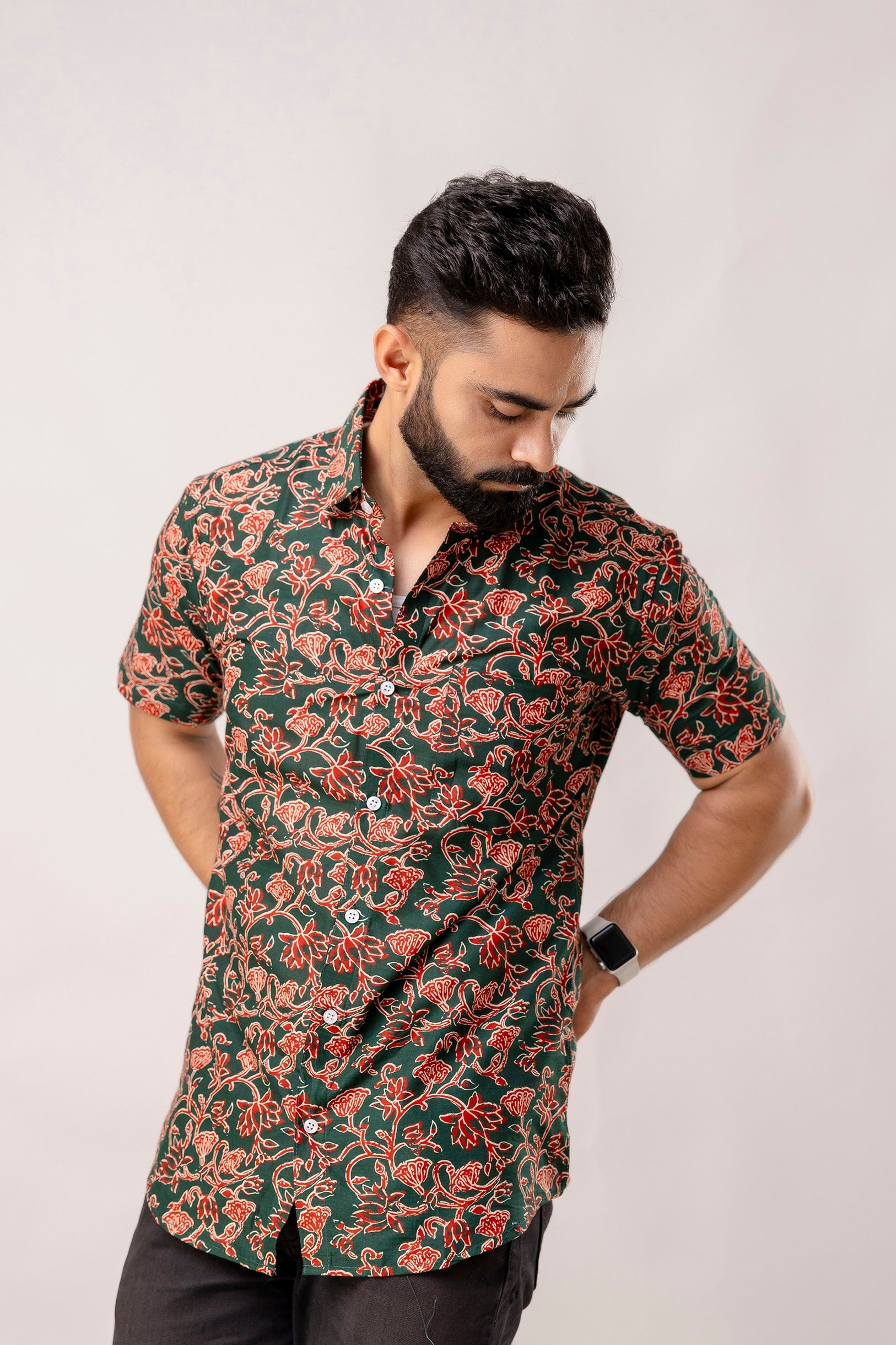 Verdant Bloom: Green Floral Cotton Half Sleeve Shirt - Me & My