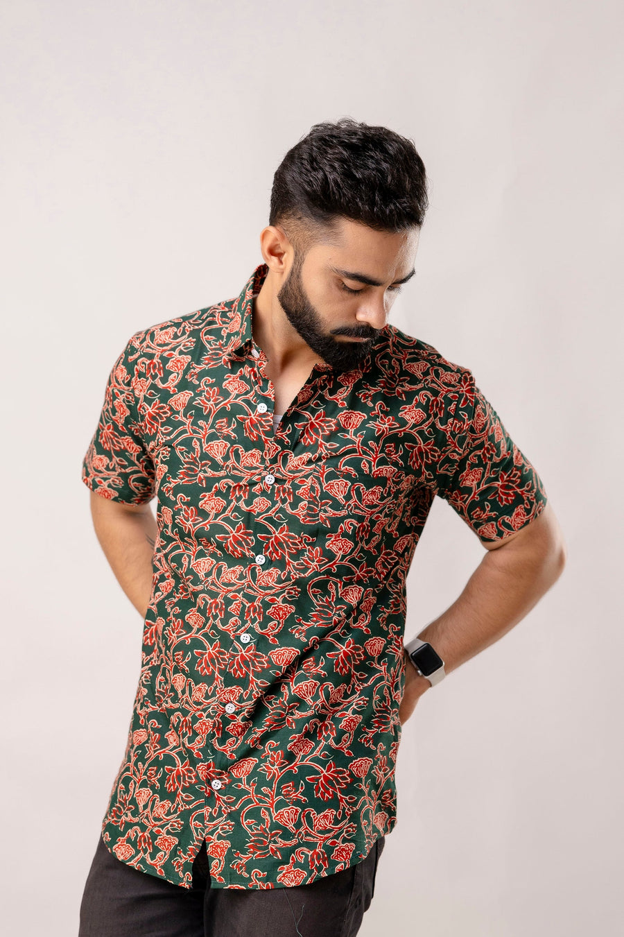 Verdant Bloom: Green Floral Cotton Half Sleeve Shirt — image 5