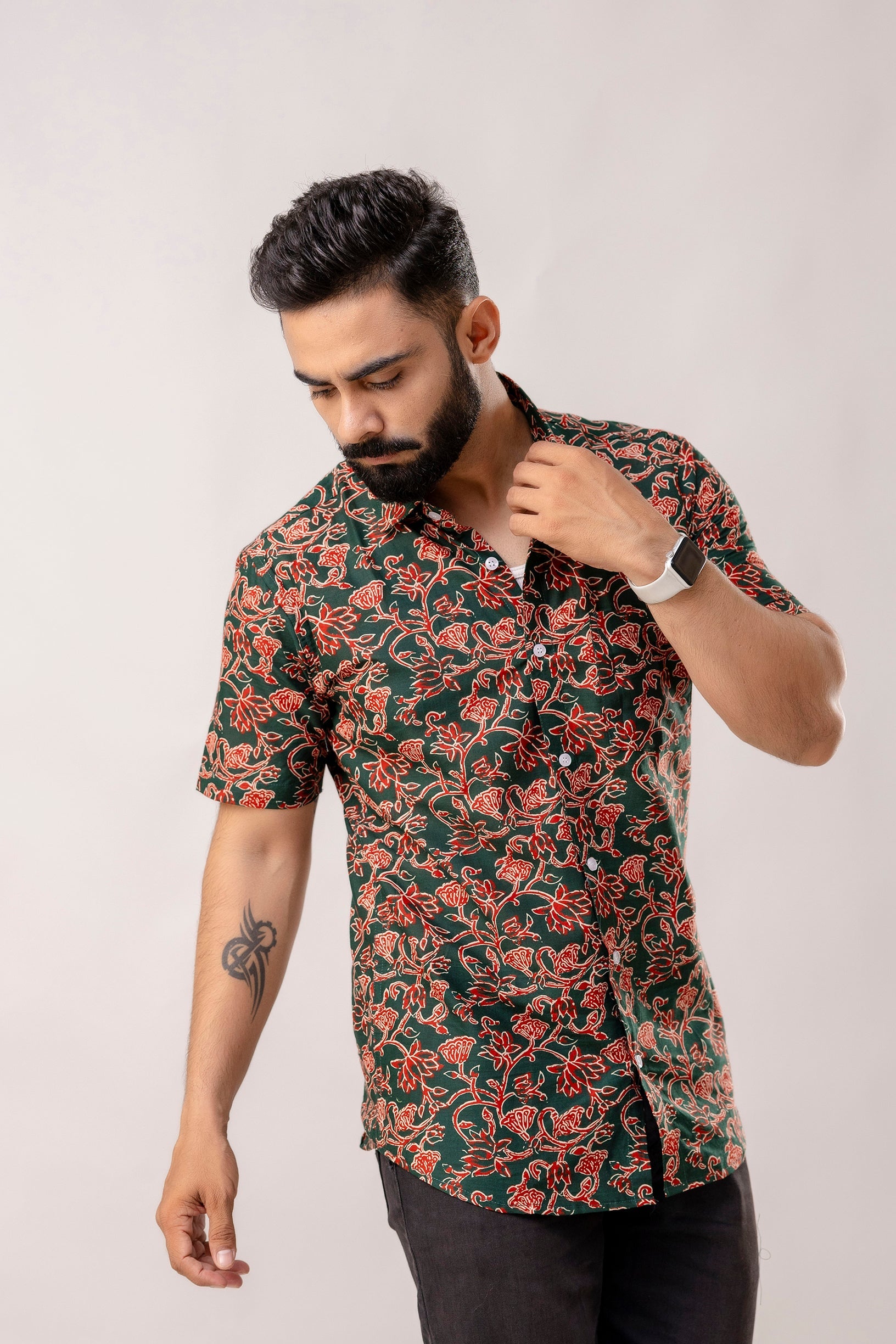 Verdant Bloom: Green Floral Cotton Half Sleeve Shirt - Me & My