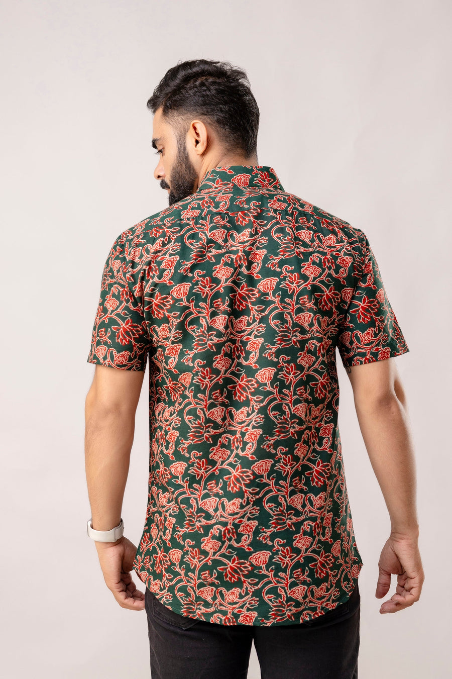 Verdant Bloom: Green Floral Cotton Half Sleeve Shirt — image 4