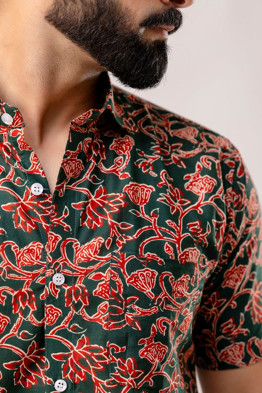 Verdant Bloom: Green Floral Cotton Half Sleeve Shirt — image 3