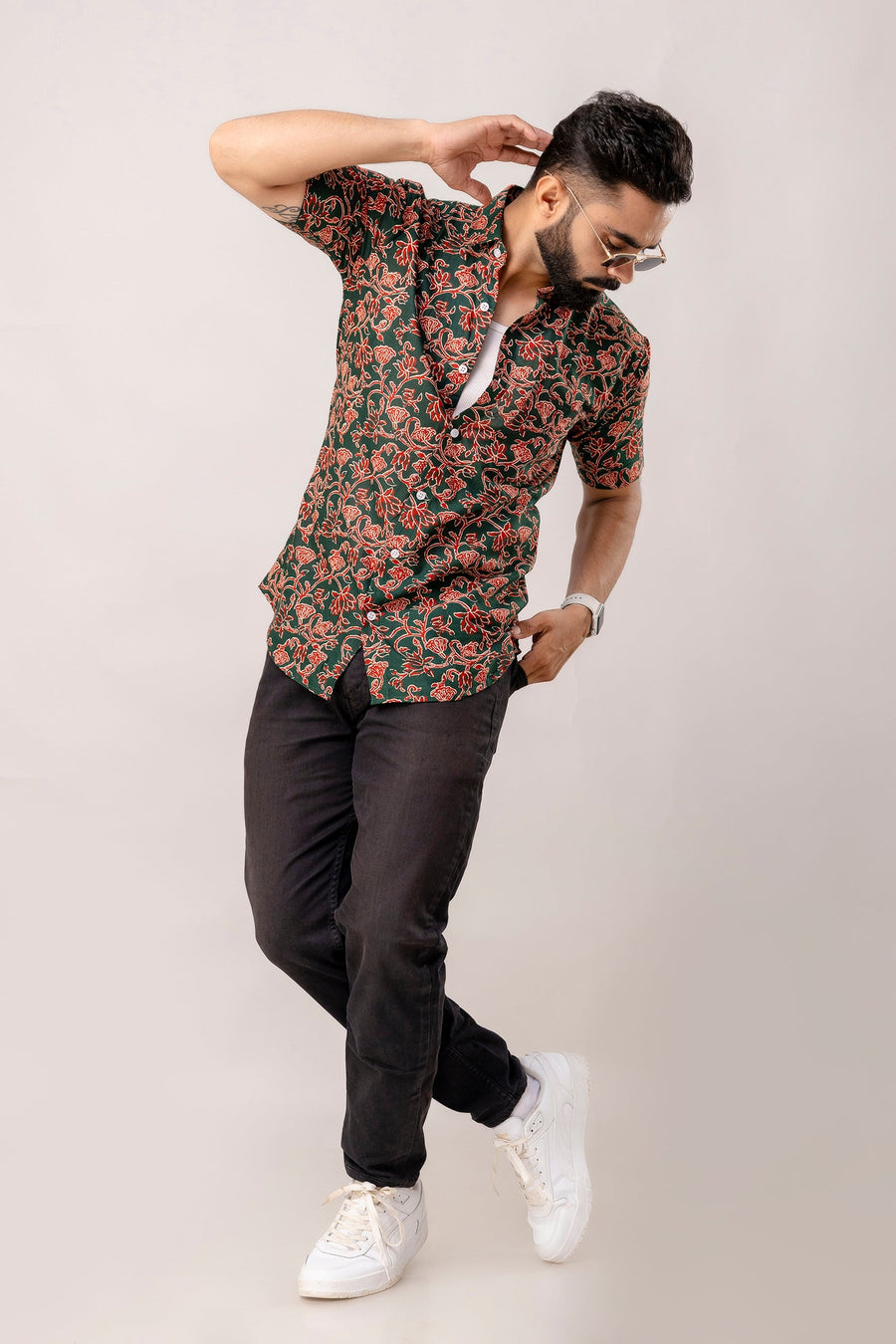 Verdant Bloom: Green Floral Cotton Half Sleeve Shirt — image 6