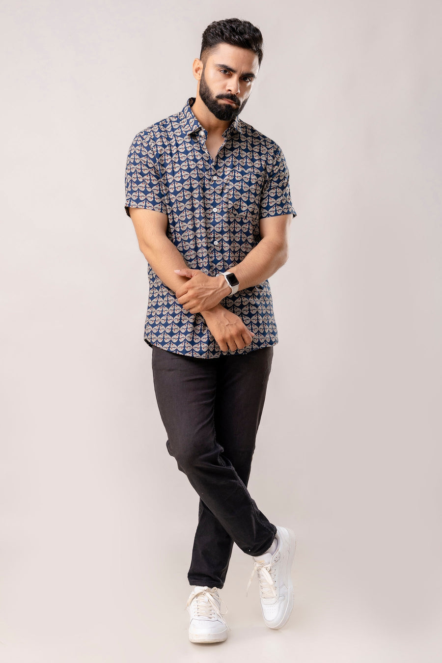 Oceanic Blooms: Blue Botanical Cotton Half-Sleeve Shirt — image 4