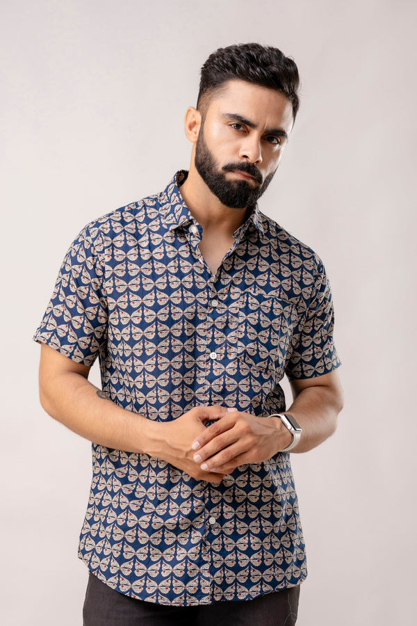 Oceanic Blooms: Blue Botanical Cotton Half-Sleeve Shirt