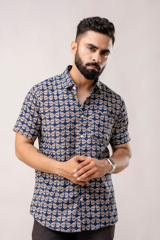 Oceanic Blooms: Blue Botanical Cotton Half-Sleeve Shirt - Me&My
