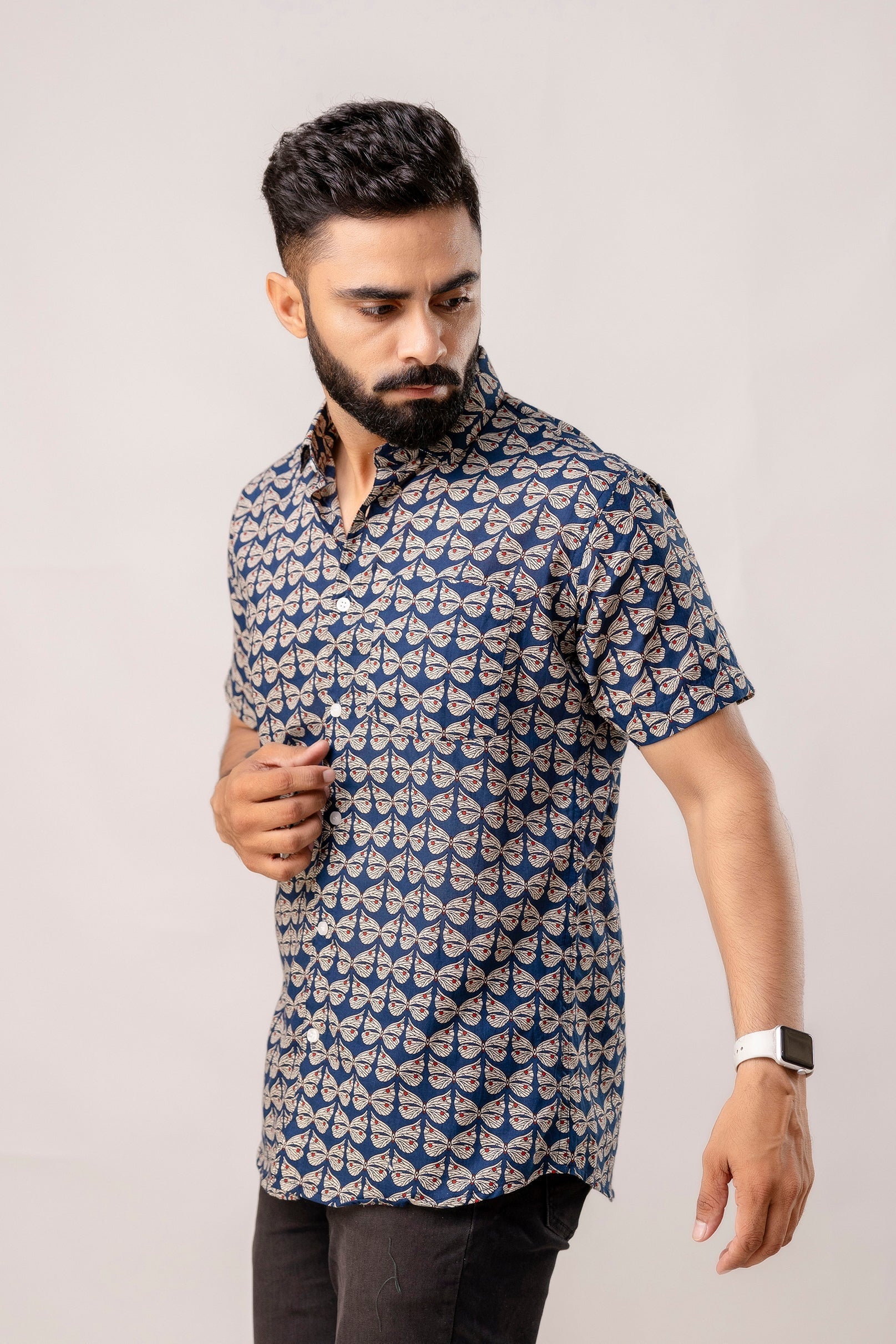 Oceanic Blooms: Blue Botanical Cotton Half-Sleeve Shirt - Me & My