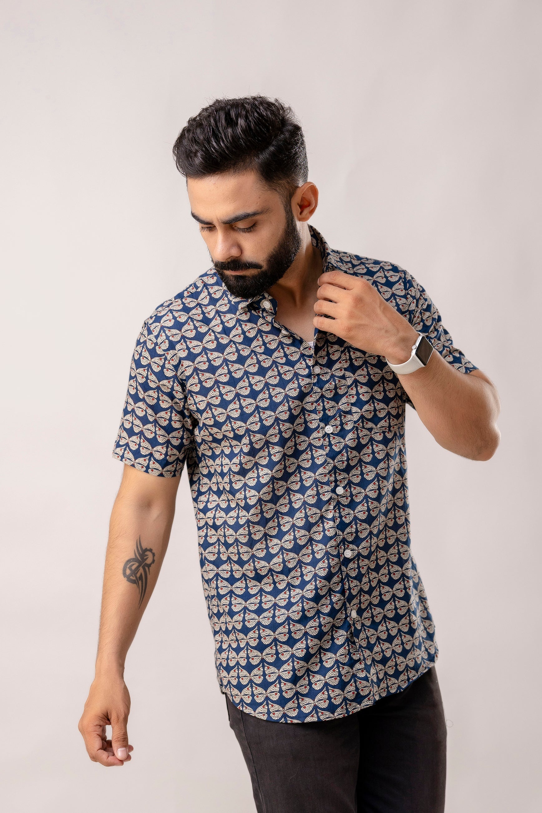 Oceanic Blooms: Blue Botanical Cotton Half-Sleeve Shirt - Me & My