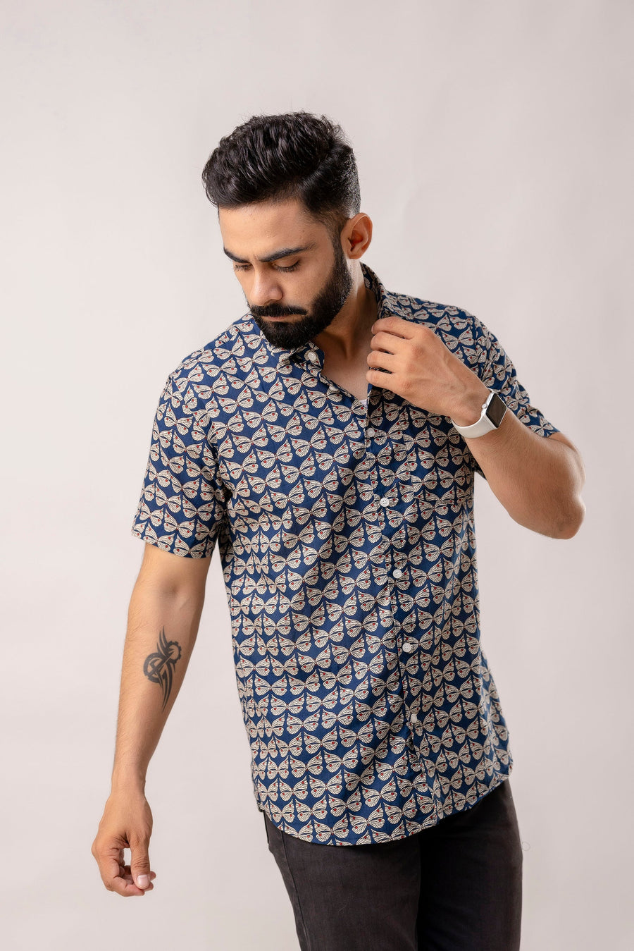 Oceanic Blooms: Blue Botanical Cotton Half-Sleeve Shirt — image 5
