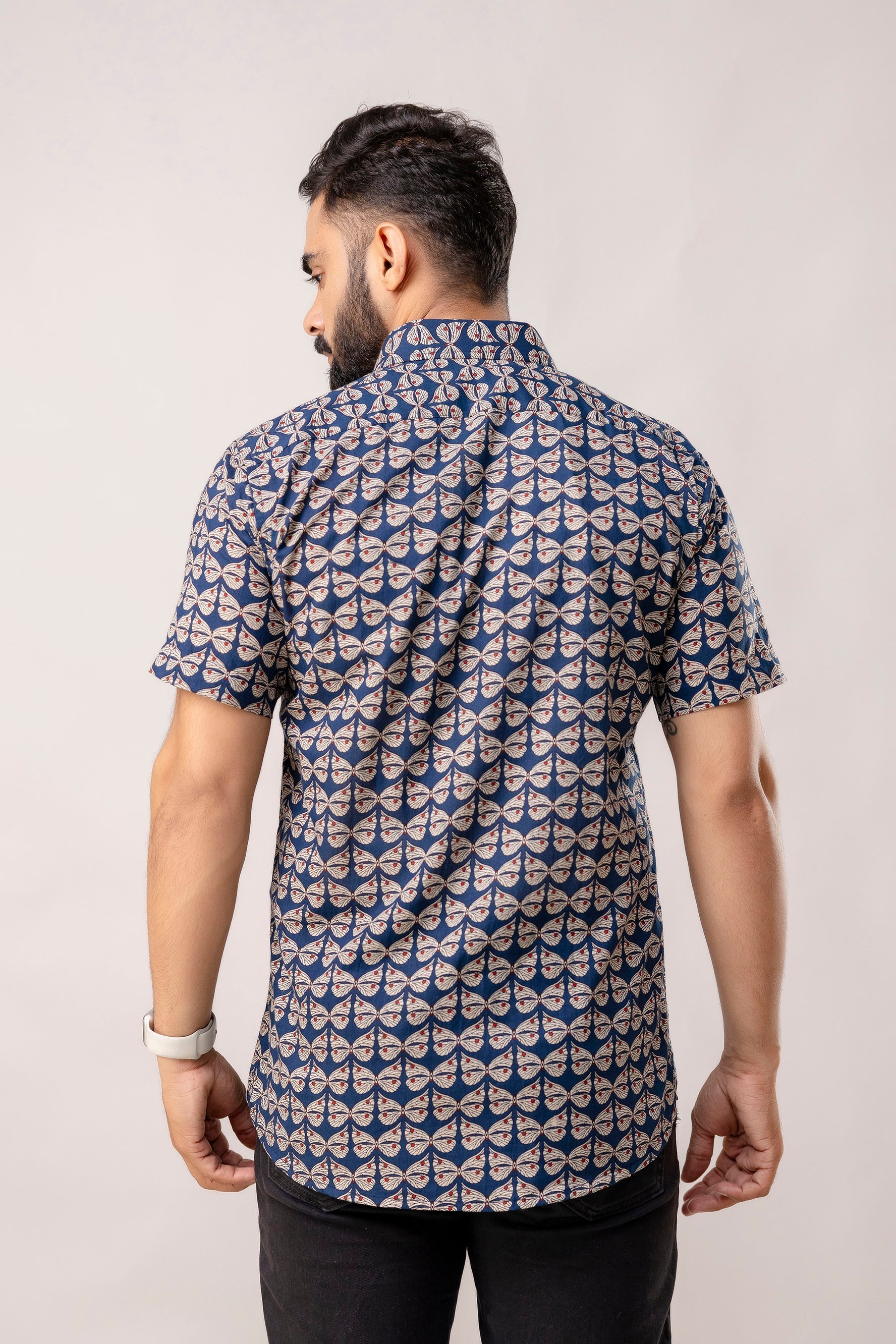 Oceanic Blooms: Blue Botanical Cotton Half-Sleeve Shirt - Me & My