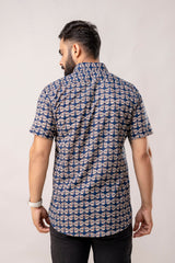 Oceanic Blooms: Blue Botanical Cotton Half-Sleeve Shirt - Me&My