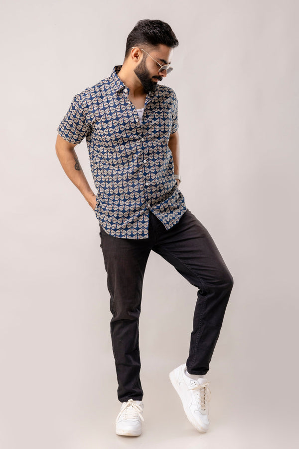 Oceanic Blooms: Blue Botanical Cotton Half-Sleeve Shirt