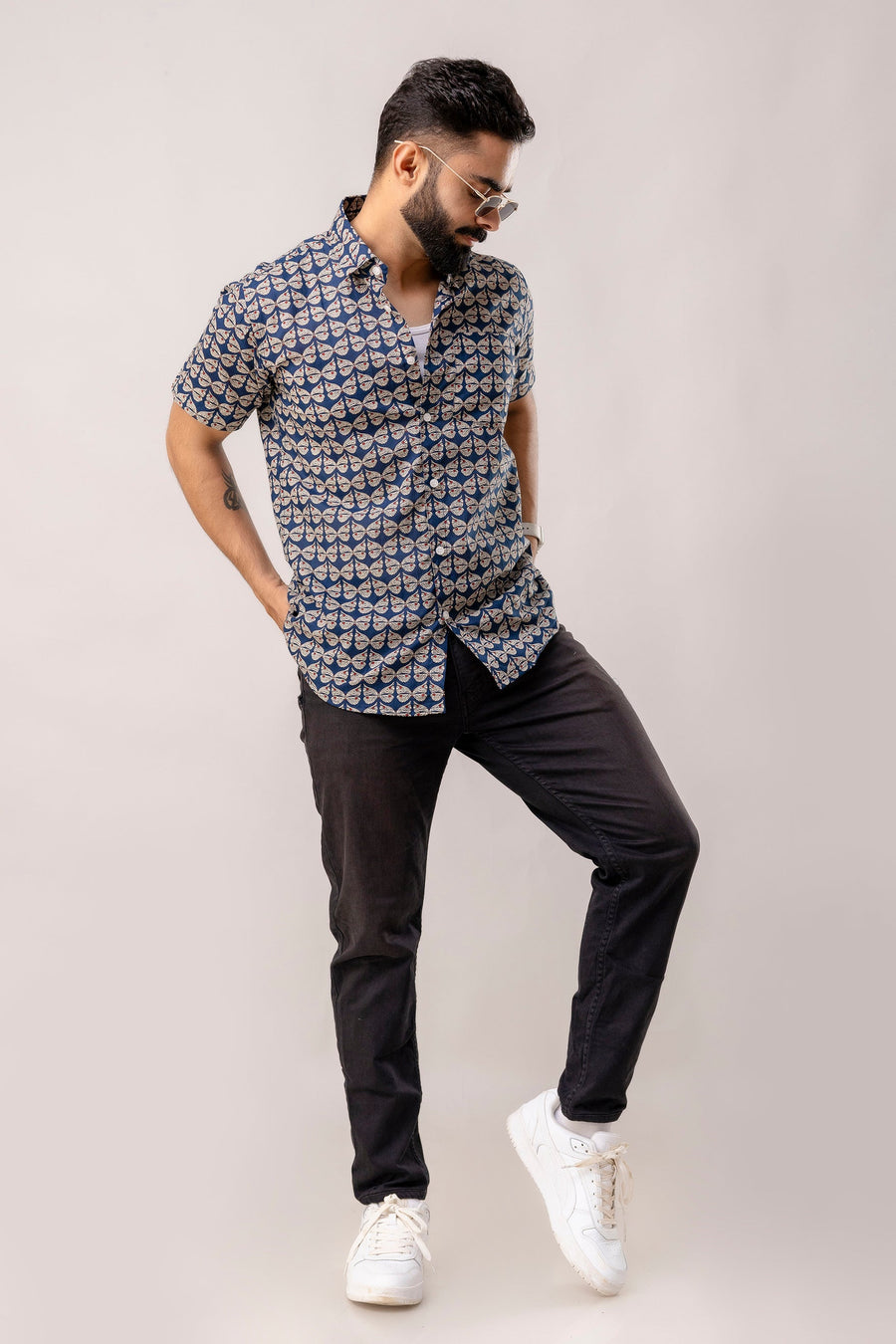 Oceanic Blooms: Blue Botanical Cotton Half-Sleeve Shirt — image 3