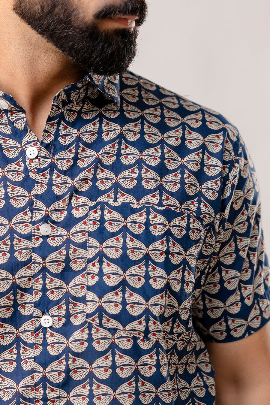 Oceanic Blooms: Blue Botanical Cotton Half-Sleeve Shirt — image 2