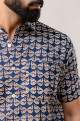 Oceanic Blooms: Blue Botanical Cotton Half-Sleeve Shirt - Me & My