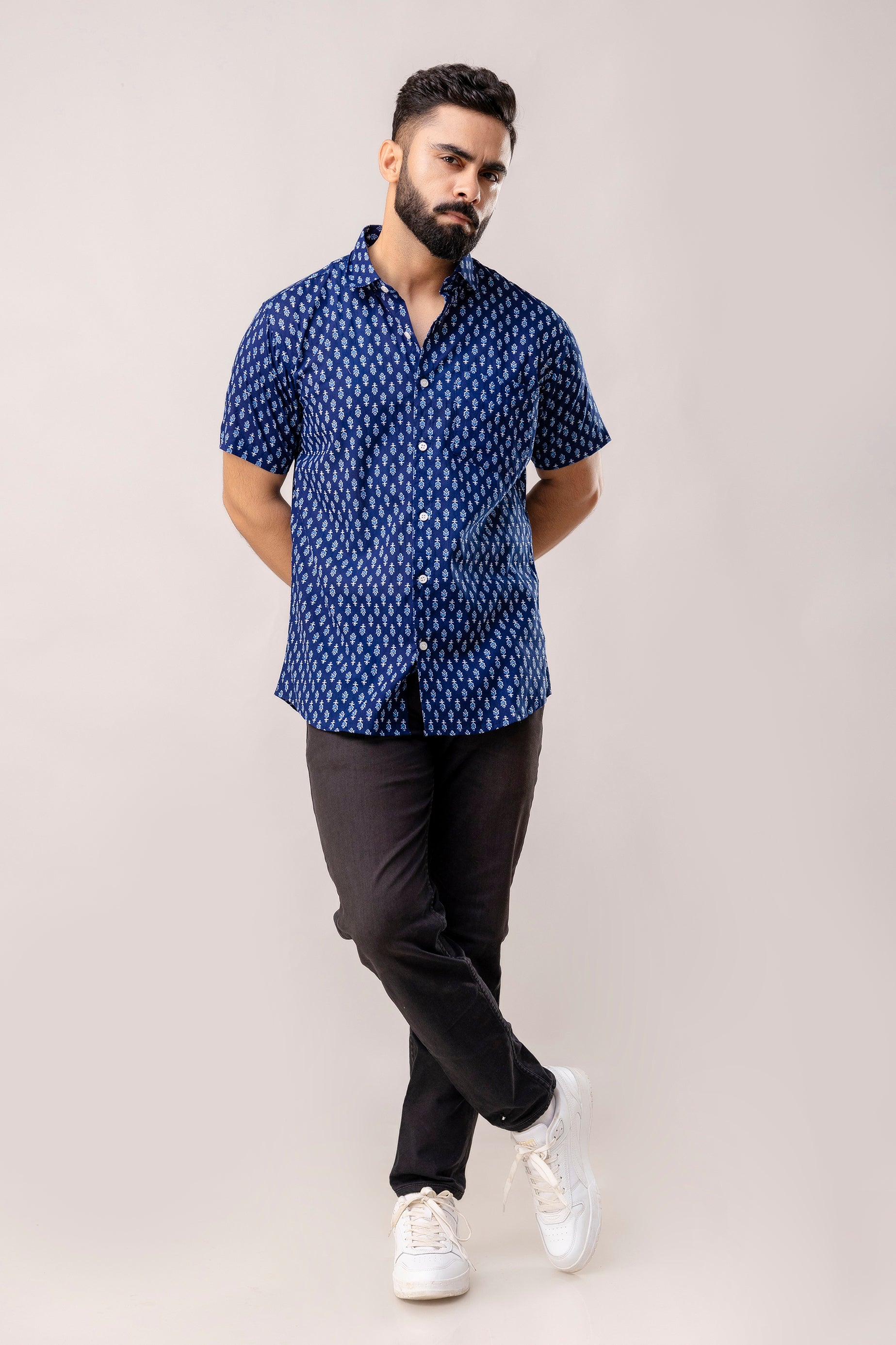 Indigo Horizon: Half-Sleeve Cotton Print Shirt - Me & My