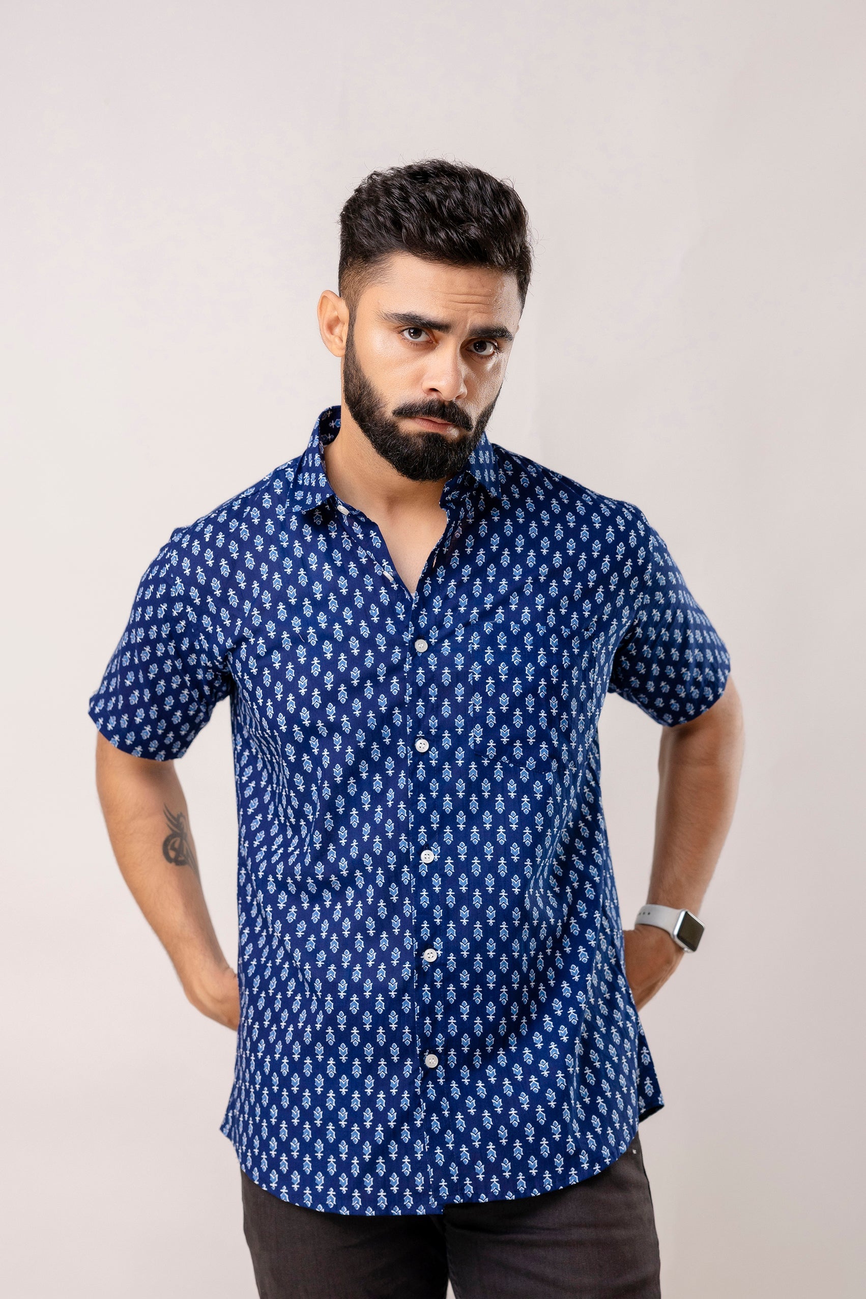 Indigo Horizon: Half-Sleeve Cotton Print Shirt - Me & My