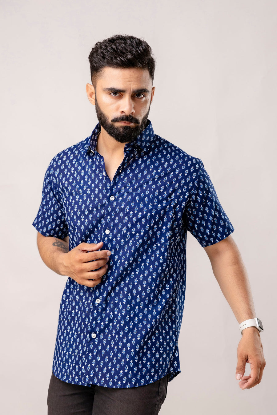Indigo Horizon: Half-Sleeve Cotton Print Shirt — image 5